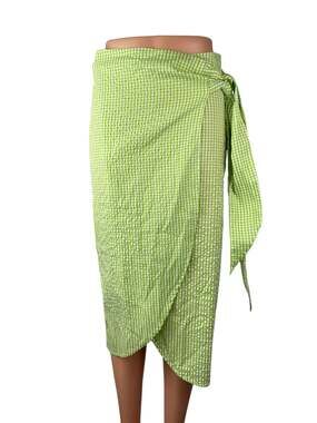 NEW Monki Women's Green Gingham Check High Rise Asymmetric Midi Wrap Skirt Sz 36